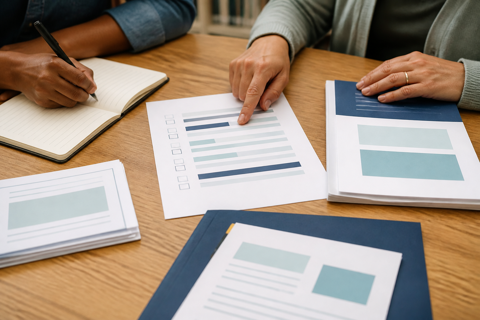 Hands organizing a plain-language resource packet and checklist during an educational review